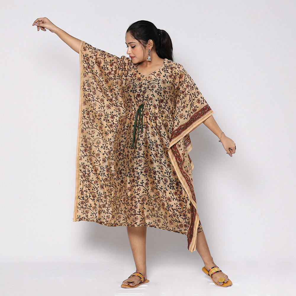Beige - Sanganeri Block Printed Chanderi Silk Kaftan with Tie-Up Waist (Medium)