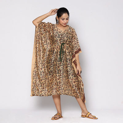 Beige - Sanganeri Block Printed Chanderi Silk Kaftan with Tie-Up Waist (Medium)
