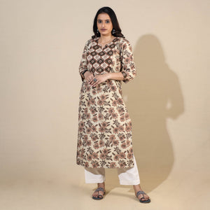 Beige - Bagru Hand Block Printed Cotton Long Straight Kurta