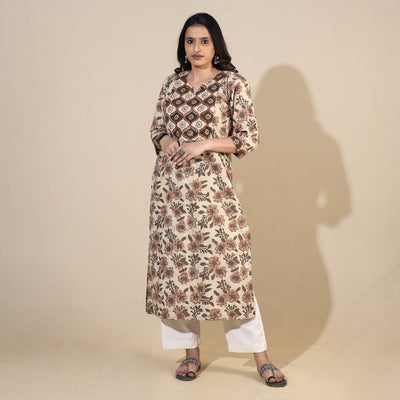 Beige - Bagru Hand Block Printed Cotton Long Straight Kurta