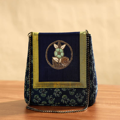 Blue - Fabric Embellished Embroidered Party Hand Bag