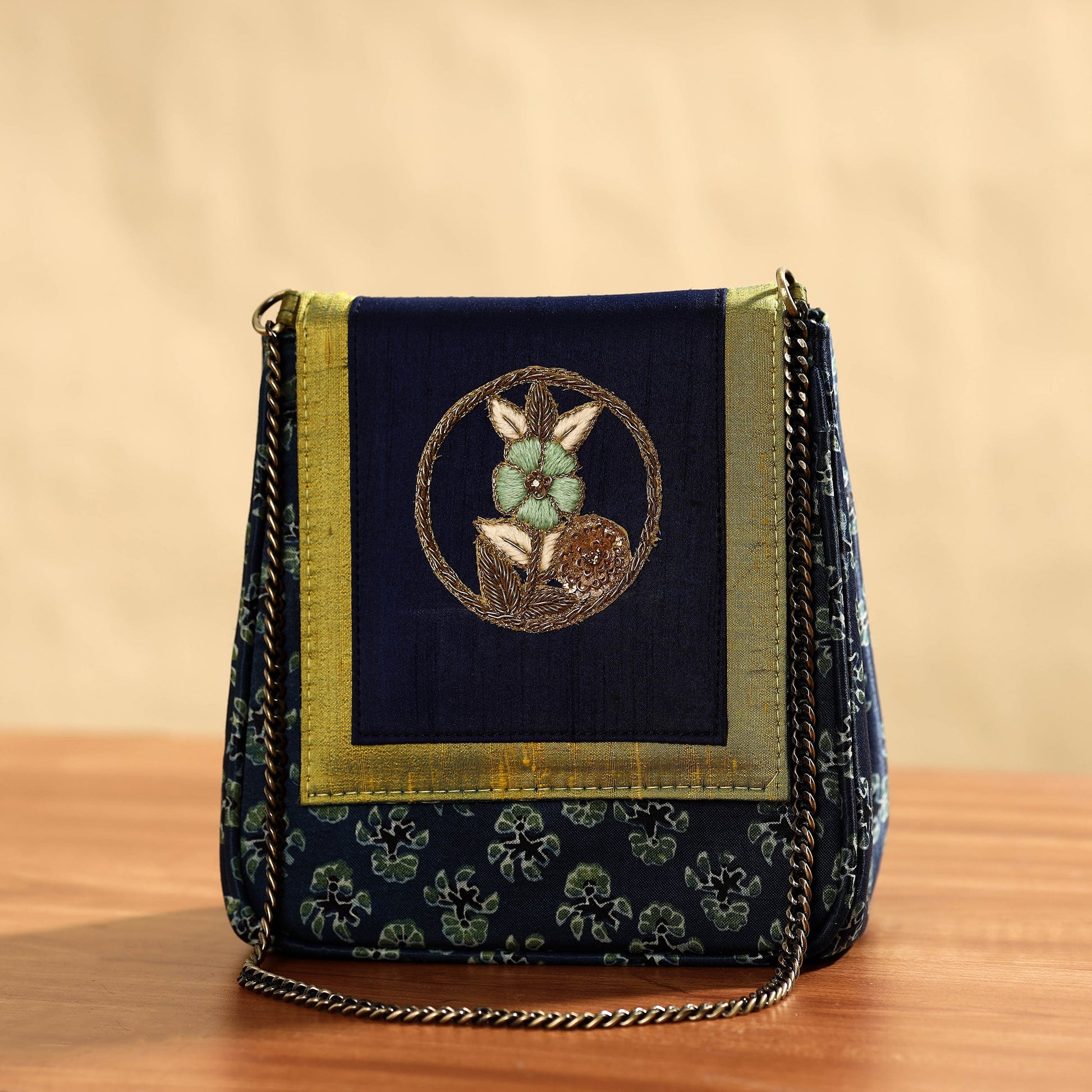 Blue - Fabric Embellished Embroidered Party Hand Bag