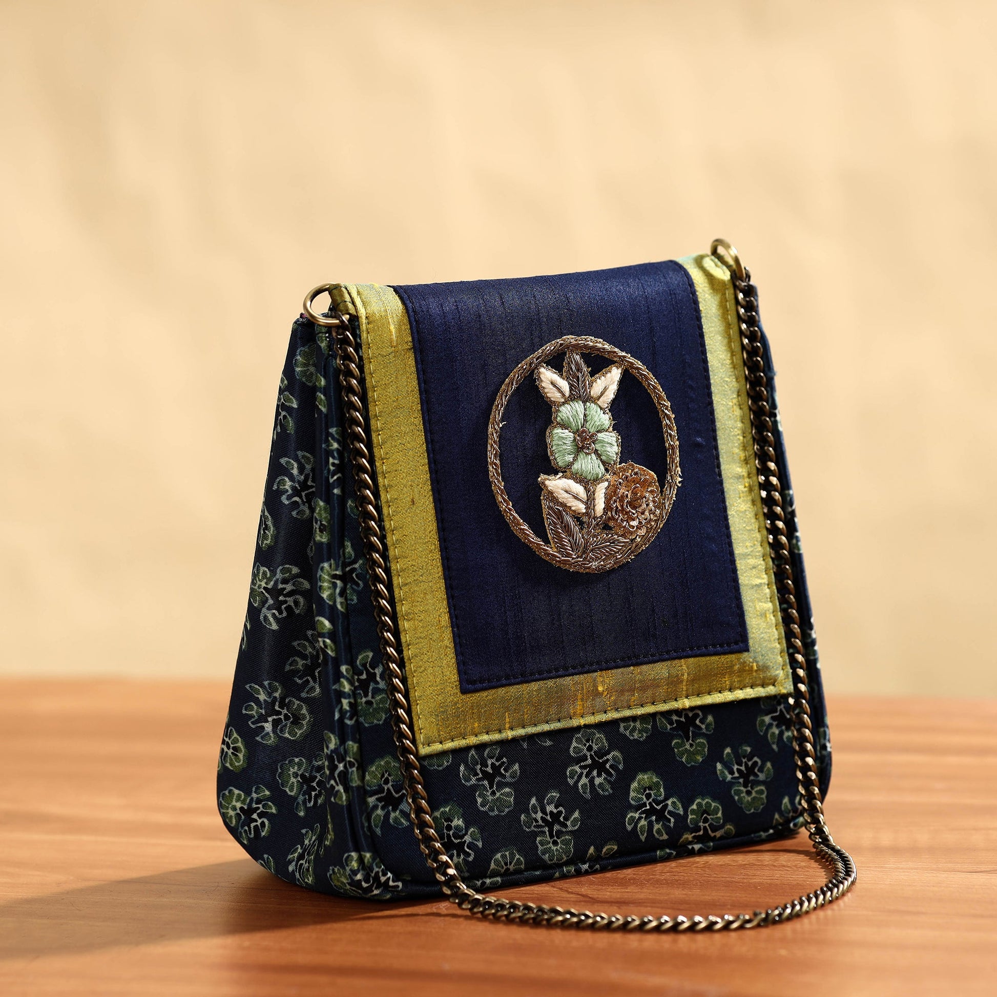 Blue - Fabric Embellished Embroidered Party Hand Bag
