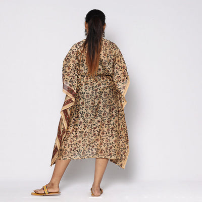 Beige - Sanganeri Block Printed Chanderi Silk Kaftan with Tie-Up Waist (Medium)