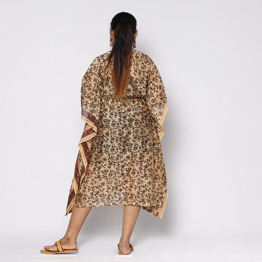 Beige - Sanganeri Block Printed Chanderi Silk Kaftan with Tie-Up Waist (Medium)