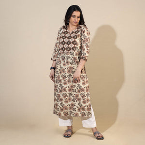 Beige - Bagru Hand Block Printed Cotton Long Straight Kurta