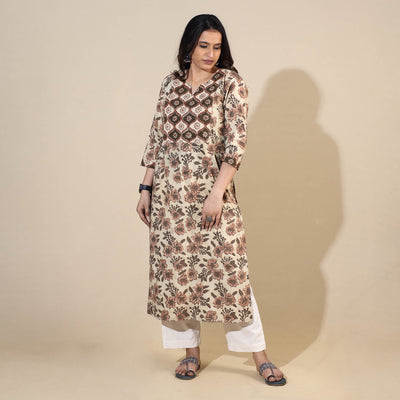 Beige - Bagru Hand Block Printed Cotton Long Straight Kurta
