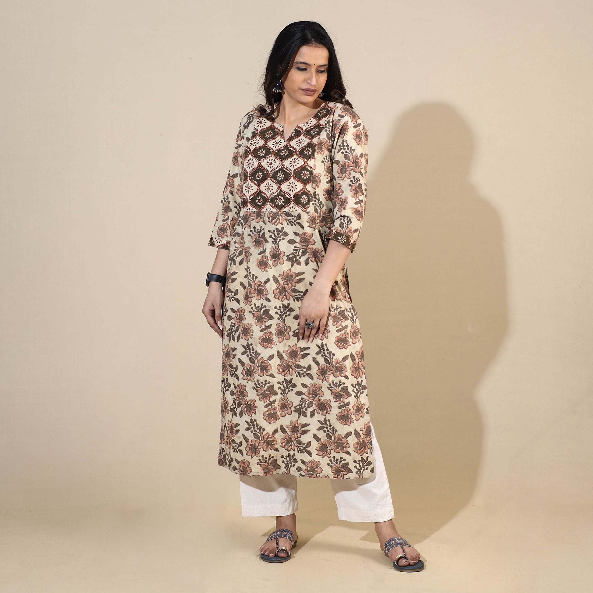 Beige - Bagru Hand Block Printed Cotton Long Straight Kurta