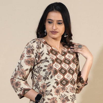 Beige - Bagru Hand Block Printed Cotton Long Straight Kurta