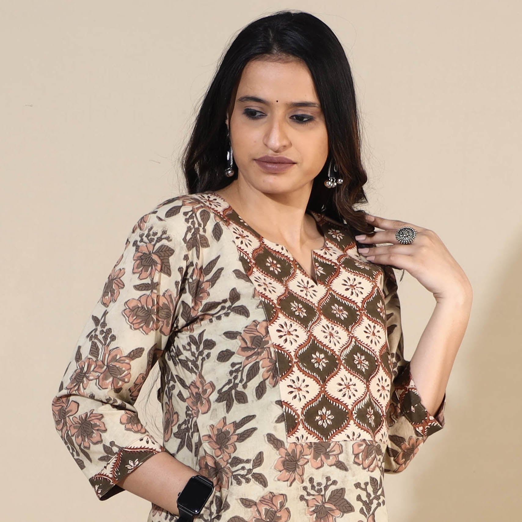Beige - Bagru Hand Block Printed Cotton Long Straight Kurta