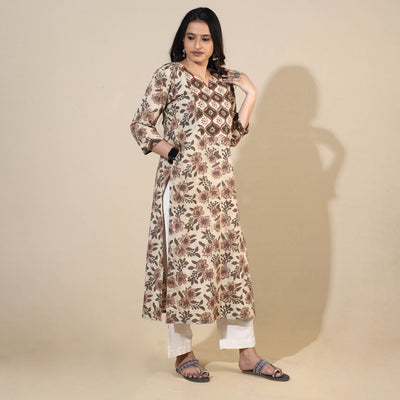 Beige - Bagru Hand Block Printed Cotton Long Straight Kurta