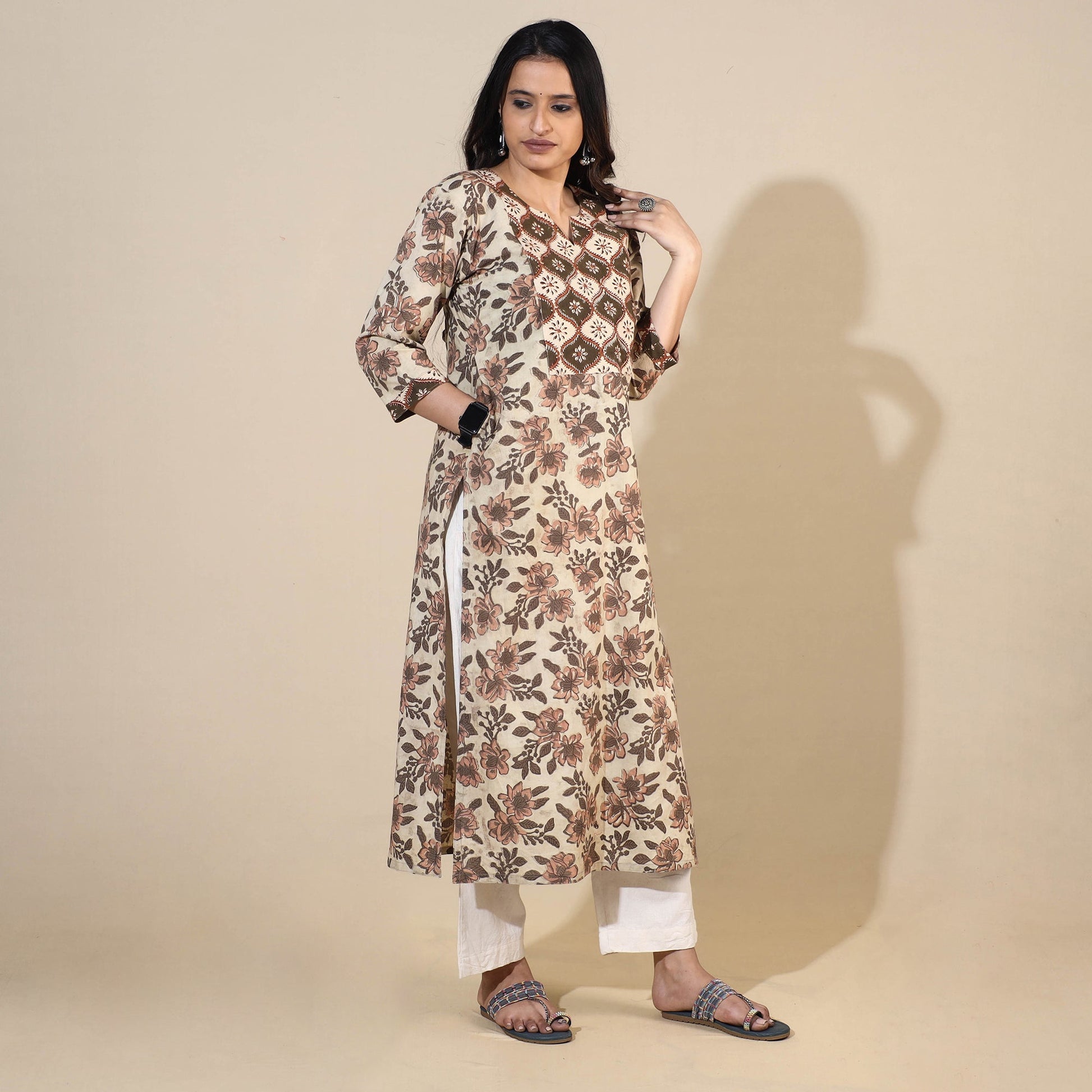Beige - Bagru Hand Block Printed Cotton Long Straight Kurta