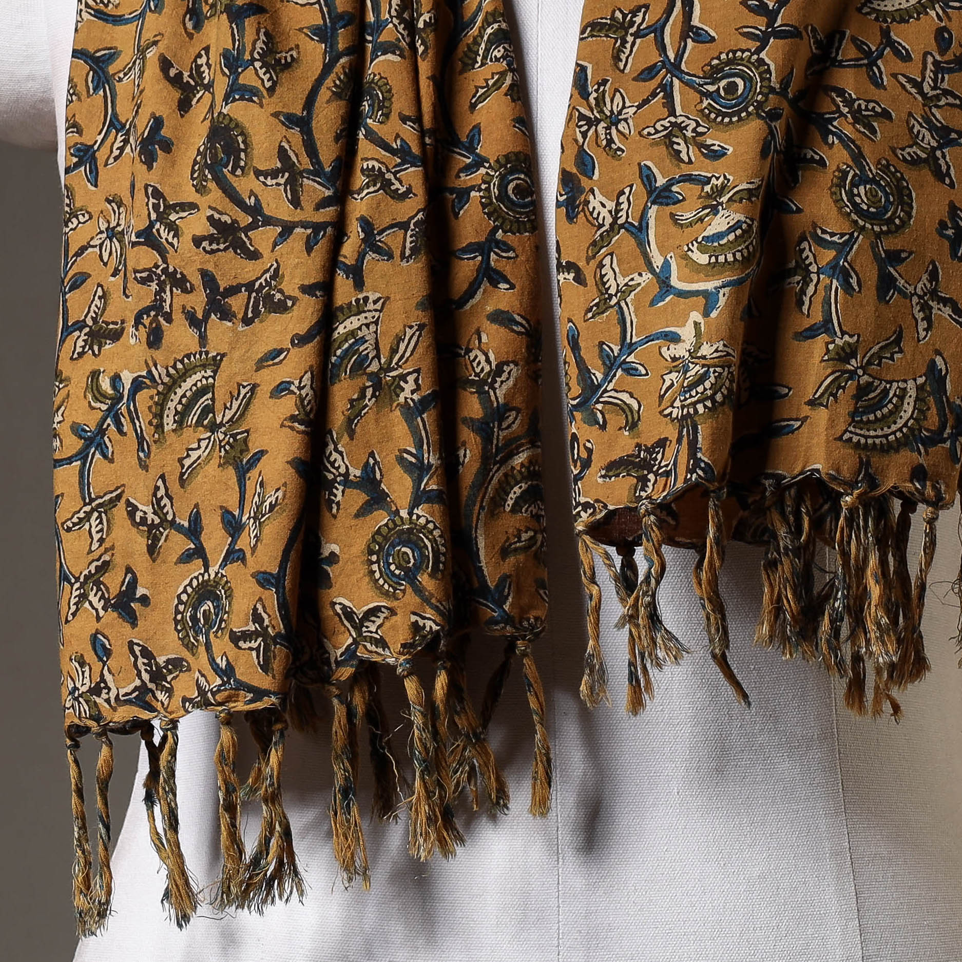 Brown - Ochre with Blue Lianas Sanganeri Block Printed Cotton Stole With Tassels