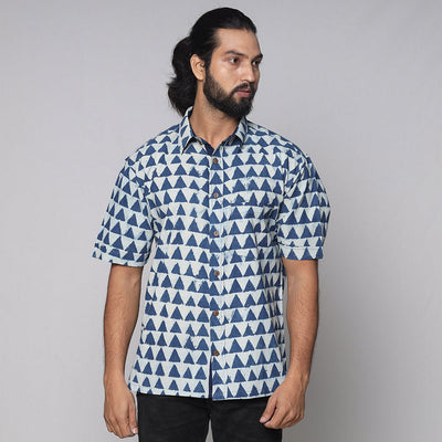 Blue - Bindaas Block Printed Natural Dyed Cotton Men Half Sleeve Shirt