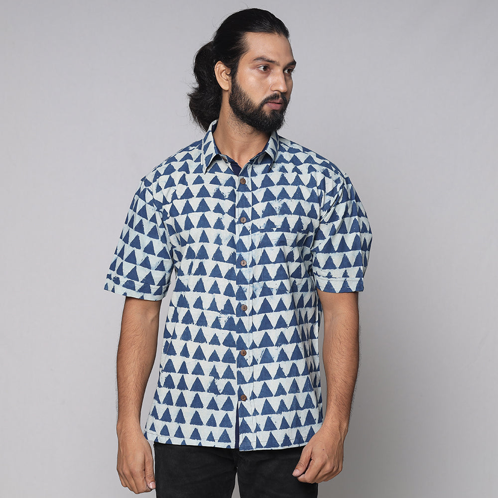 Blue - Bindaas Block Printed Natural Dyed Cotton Men Half Sleeve Shirt