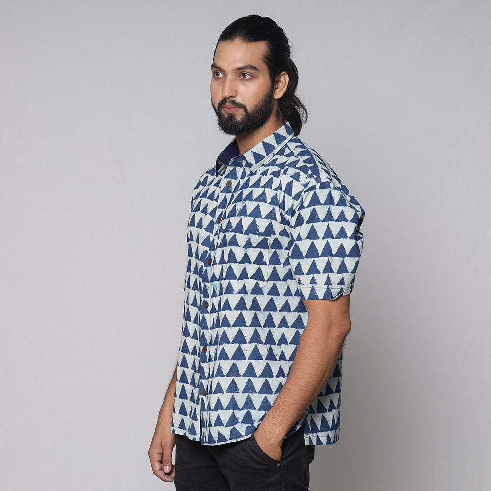 Blue - Bindaas Block Printed Natural Dyed Cotton Men Half Sleeve Shirt