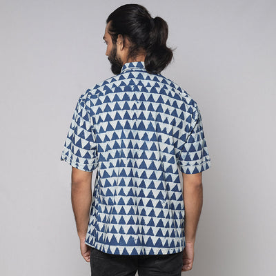 Blue - Bindaas Block Printed Natural Dyed Cotton Men Half Sleeve Shirt