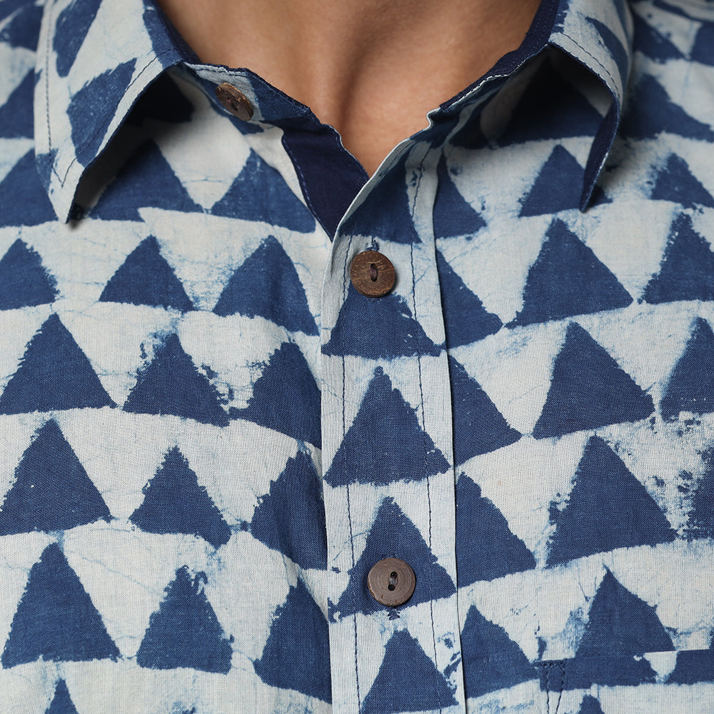 Blue - Bindaas Block Printed Natural Dyed Cotton Men Half Sleeve Shirt