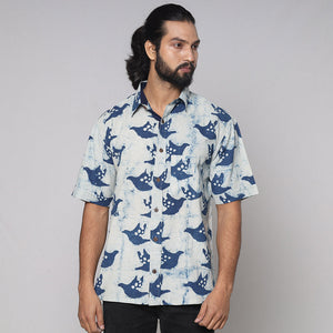 Blue - Bindaas Block Printed Natural Dyed Cotton Men Half Sleeve Shirt