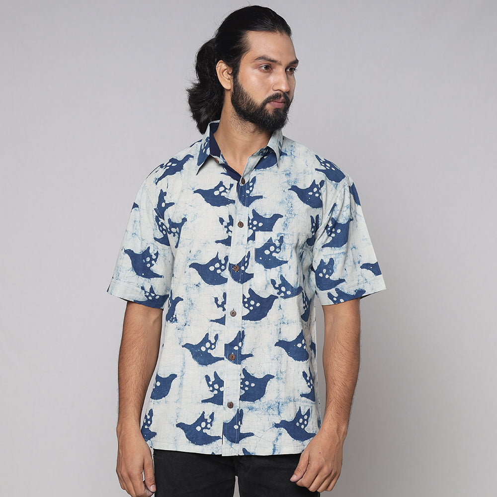 Blue - Bindaas Block Printed Natural Dyed Cotton Men Half Sleeve Shirt