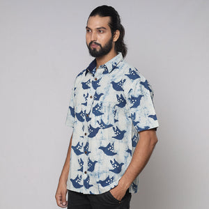 Blue - Bindaas Block Printed Natural Dyed Cotton Men Half Sleeve Shirt