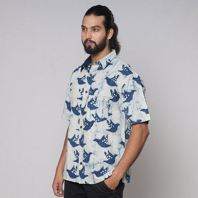 Blue - Bindaas Block Printed Natural Dyed Cotton Men Half Sleeve Shirt