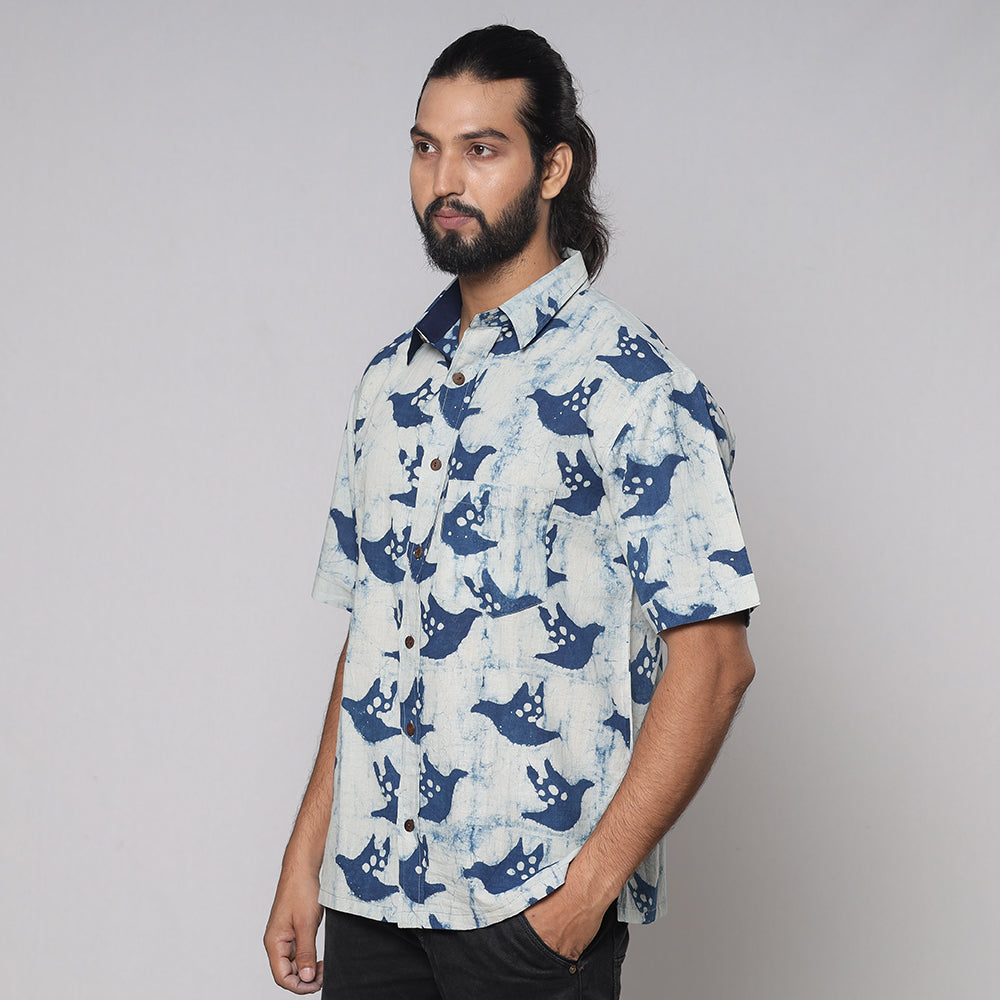 Blue - Bindaas Block Printed Natural Dyed Cotton Men Half Sleeve Shirt