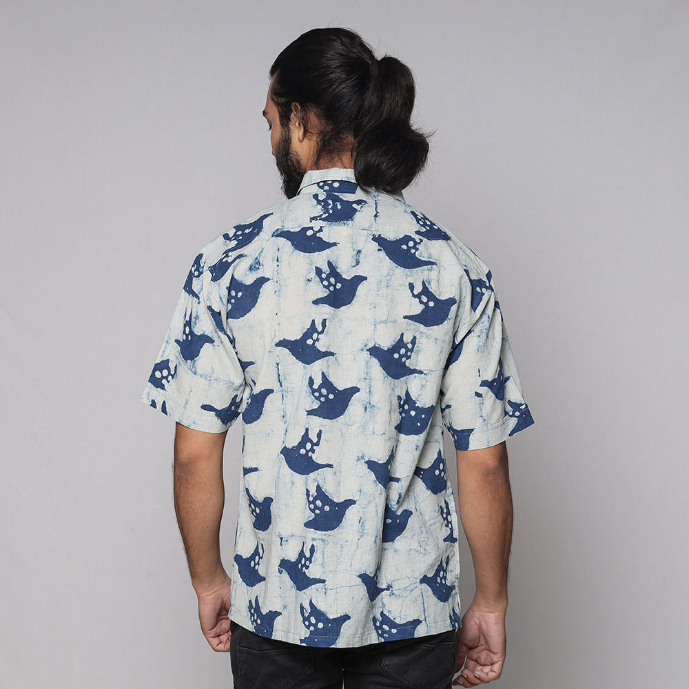 Blue - Bindaas Block Printed Natural Dyed Cotton Men Half Sleeve Shirt
