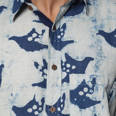 Blue - Bindaas Block Printed Natural Dyed Cotton Men Half Sleeve Shirt