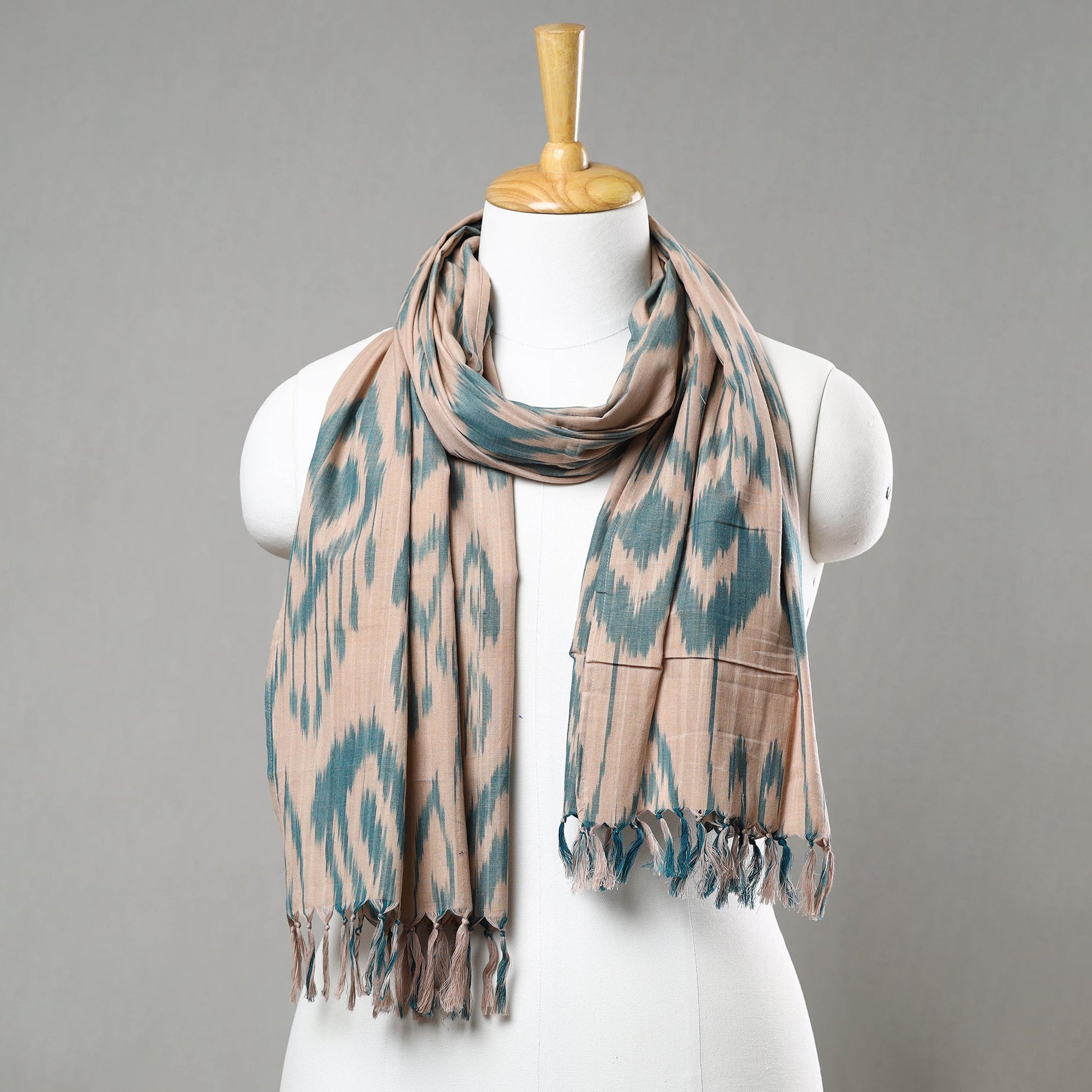 Beige -  Handloom Cotton Pochampally Central Asian Ikat Stole 12