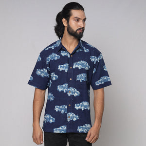 Blue - Bindaas Block Printed Natural Dyed Cotton Men Half Sleeve Shirt
