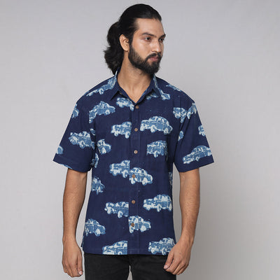 Blue - Bindaas Block Printed Natural Dyed Cotton Men Half Sleeve Shirt