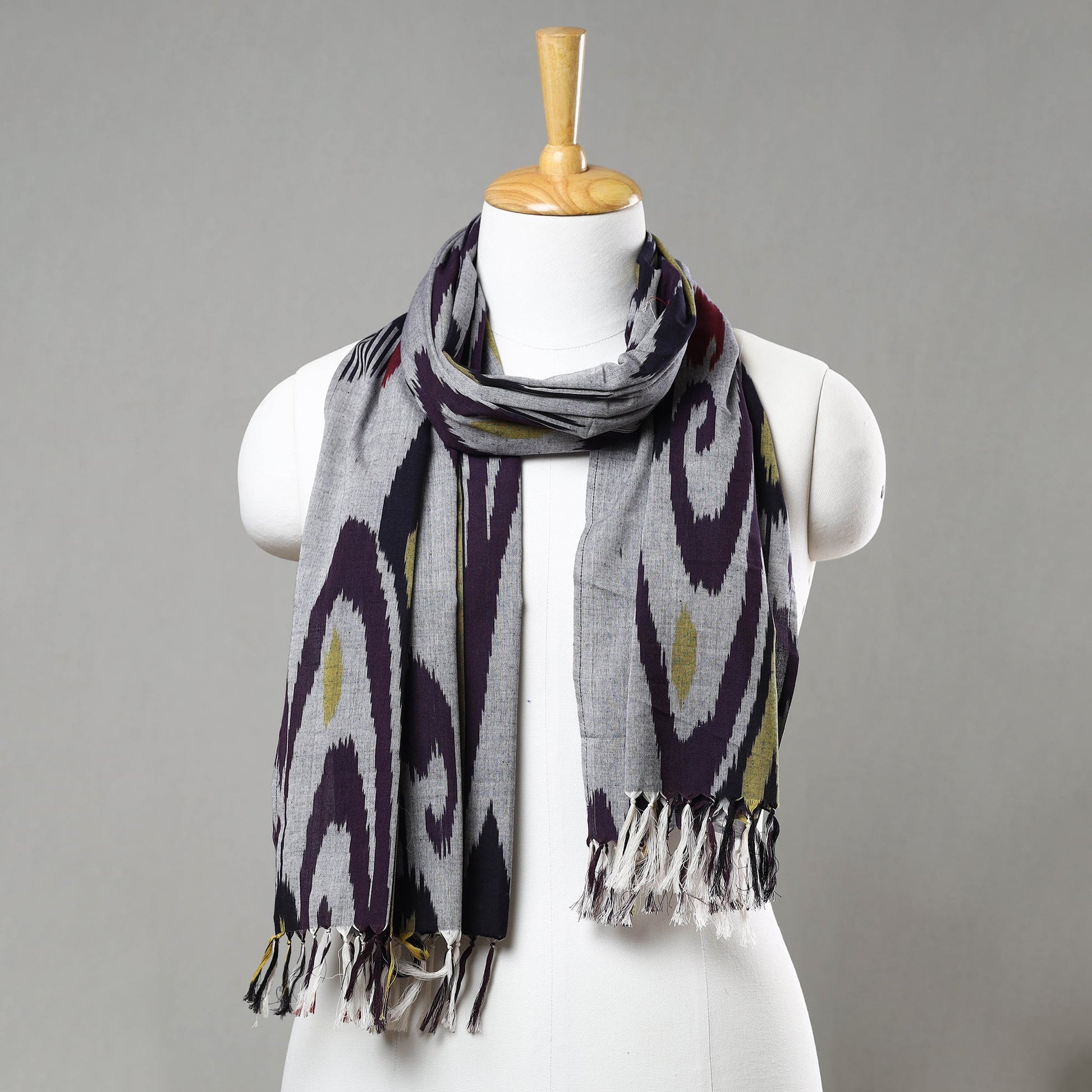 Grey - Handloom Cotton Pochampally Central Asian Ikat Stole 13