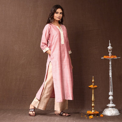 Baby Pink - Silk Plain Long Kurta