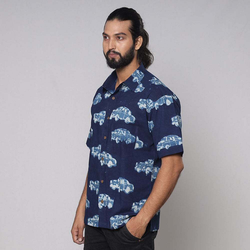 Blue - Bindaas Block Printed Natural Dyed Cotton Men Half Sleeve Shirt