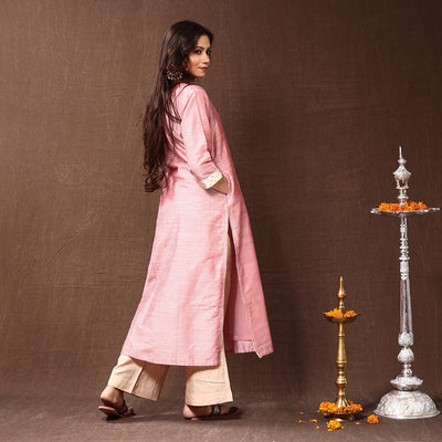 Baby Pink - Silk Plain Long Kurta