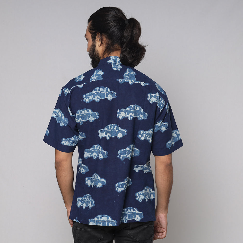 Blue - Bindaas Block Printed Natural Dyed Cotton Men Half Sleeve Shirt