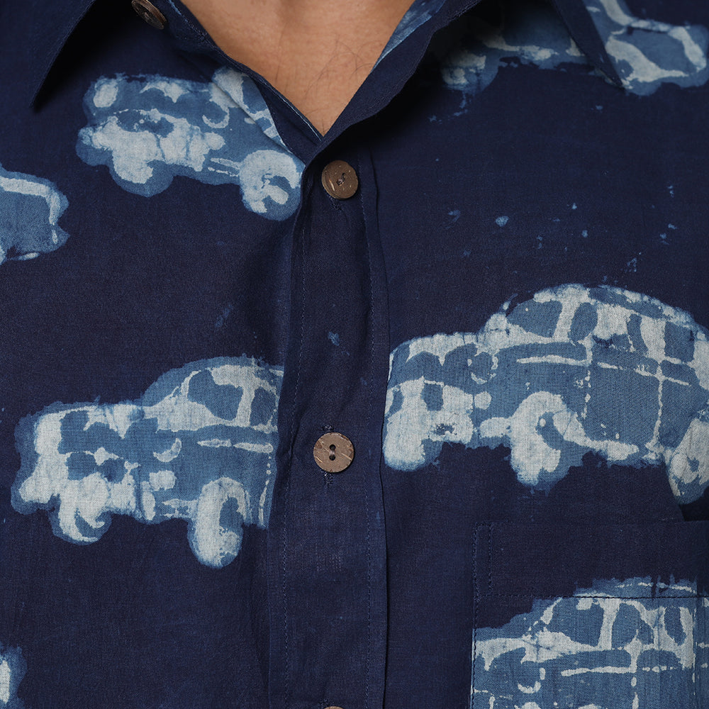 Blue - Bindaas Block Printed Natural Dyed Cotton Men Half Sleeve Shirt