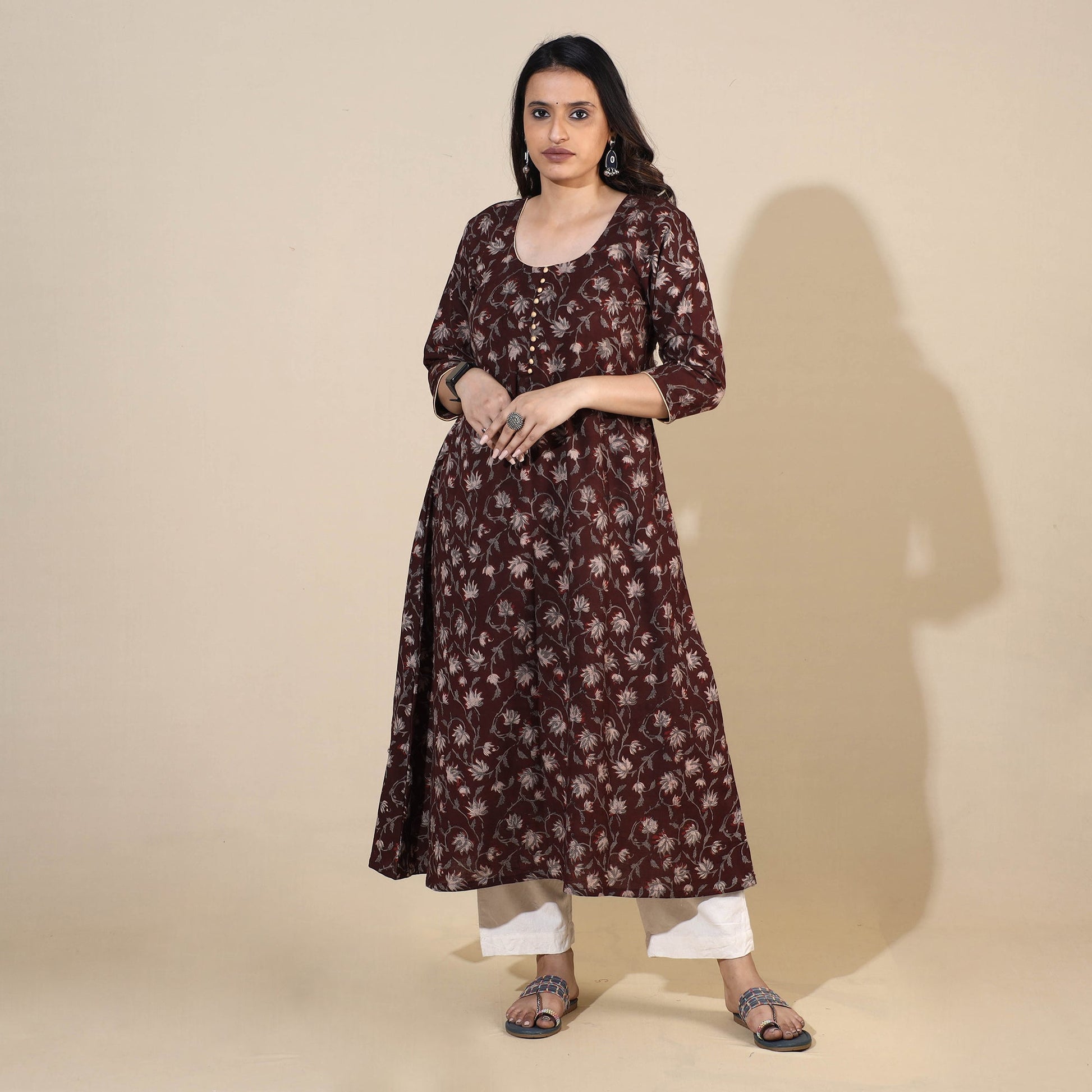 Brown - Bagru Hand Block Printed Cotton A-Line Long Kurta 07