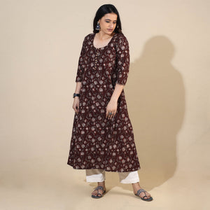 Brown - Bagru Hand Block Printed Cotton A-Line Long Kurta 07