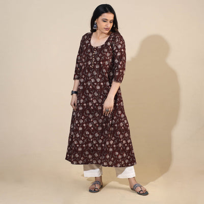 Brown - Bagru Hand Block Printed Cotton A-Line Long Kurta 07