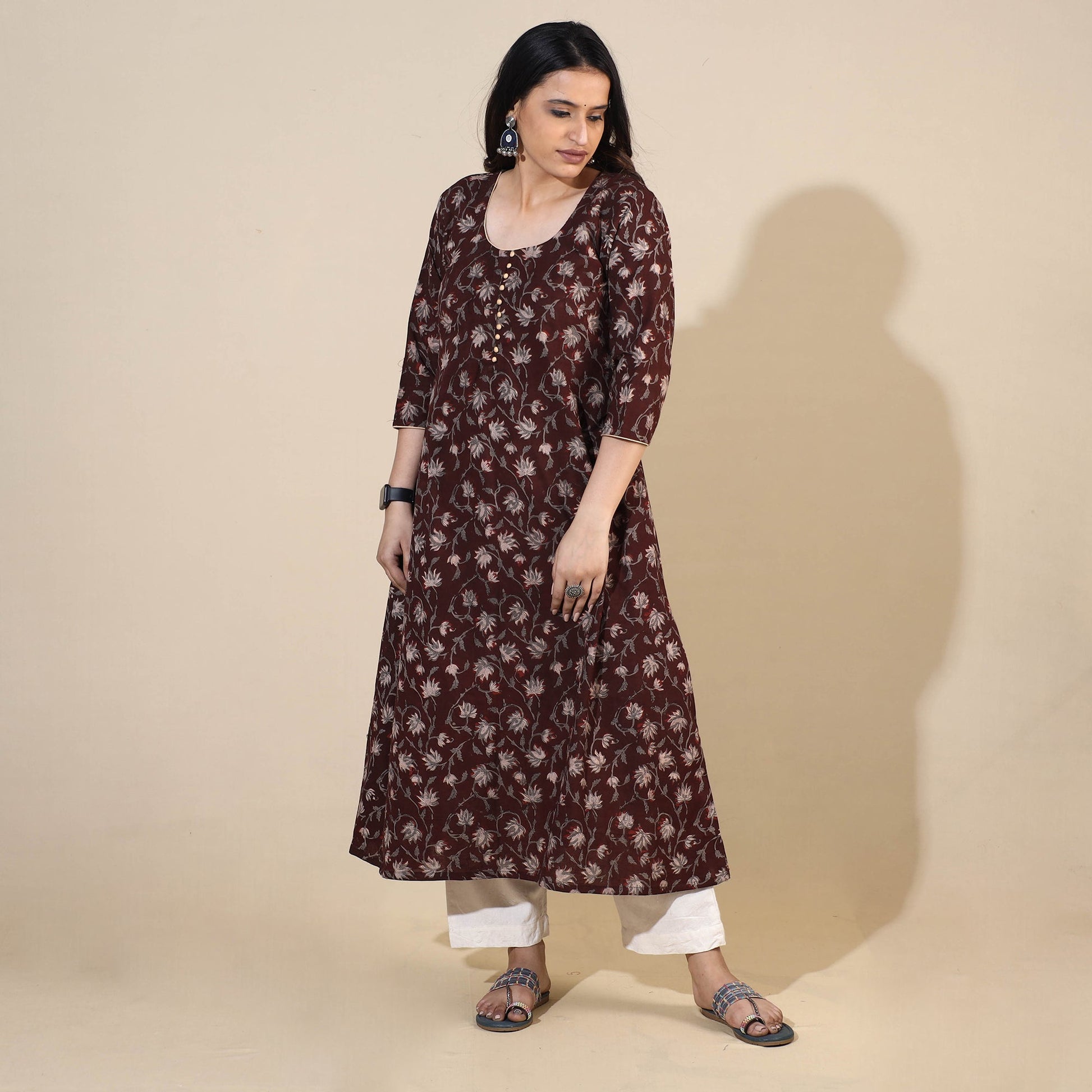 Brown - Bagru Hand Block Printed Cotton A-Line Long Kurta 07