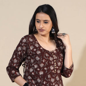 Brown - Bagru Hand Block Printed Cotton A-Line Long Kurta 07