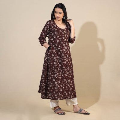 Brown - Bagru Hand Block Printed Cotton A-Line Long Kurta 07