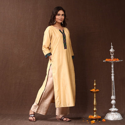 Beige - Cream - Silk Plain Long Straight Kurta