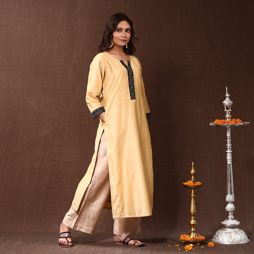 Beige - Cream - Silk Plain Long Straight Kurta