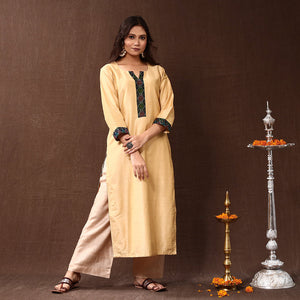 Beige - Cream - Silk Plain Long Straight Kurta
