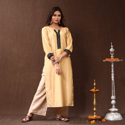 Beige - Cream - Silk Plain Long Straight Kurta