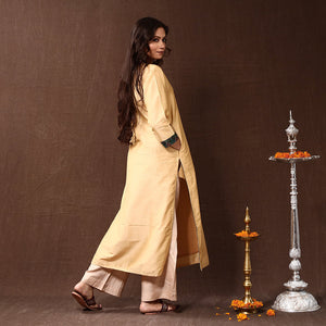 Beige - Cream - Silk Plain Long Straight Kurta