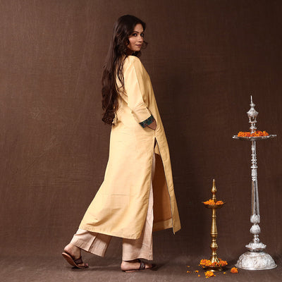 Beige - Cream - Silk Plain Long Straight Kurta